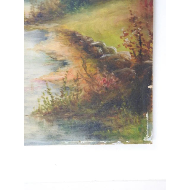 Vintage Creekside Landscape Painting With Pink Flowering Tree For Sale - Image 4 of 7
