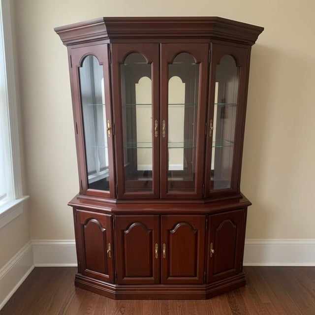 Broyhill Late 20th Century Broyhill Cherry China Cabinet-Lighted Mirrored Curio Hutch-2 Piece-Display-Glass For Sale - Image 4 of 11