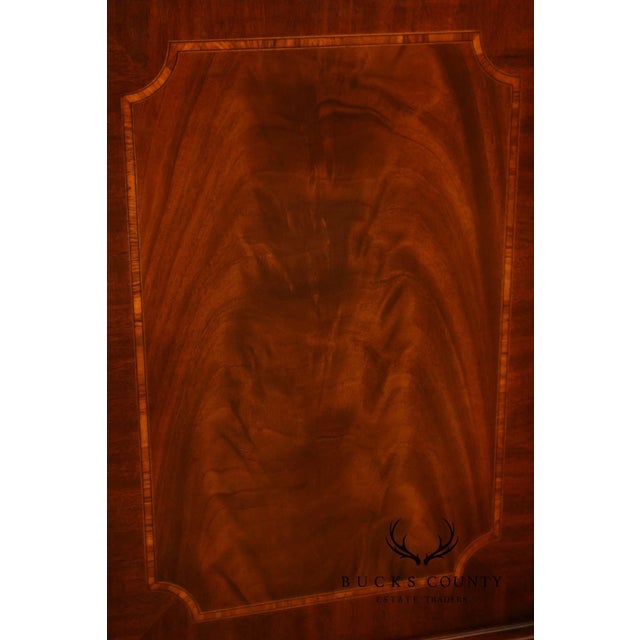 Karges English Style Mahogany Breakfront China Cabinet Display Bookcase with Carved Pediment and Silk Backing For Sale - Image 14 of 18