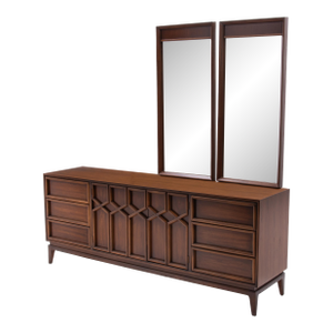 American of Martinsville Mid Century 9 Drawer Walnut Dresser Merton Gershun X-Design Criss Cross