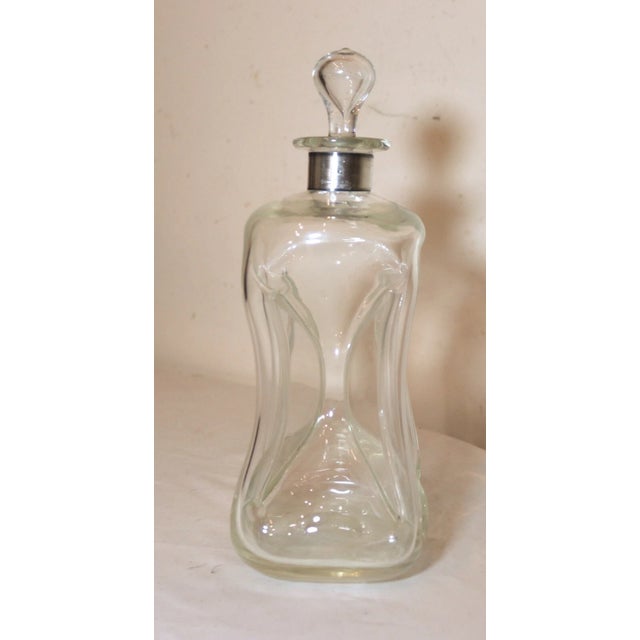 Art Deco Antique Denmark Hand Blown Glass Sterling Silver Glug Glug Liquor Decanter For Sale - Image 3 of 12