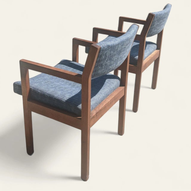 Wood Mid Century Modern Blue Tweed Upholstered Walnut Arm Chairs- A Pair For Sale - Image 7 of 17