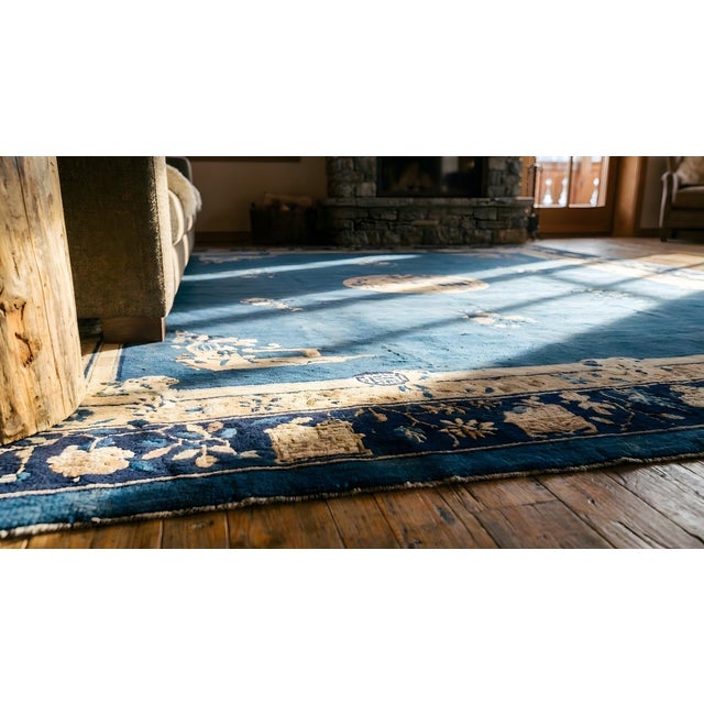A Beautiful Genuine Blue Ground Color With Chinoiserie Pattern Antique Chinese Peking Rug For Sale - Image 10 of 10