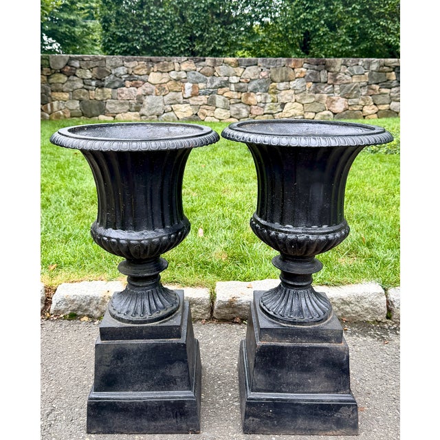 Victorian Pair English Neoclassical Black Cast Iron Campana Garden Urns on Plinths, Circa 1880 For Sale - Image 3 of 12