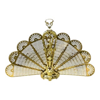 Vintage Art Deco Figural Brass Peacock Folding Fireplace Screen, Circa 1925. For Sale