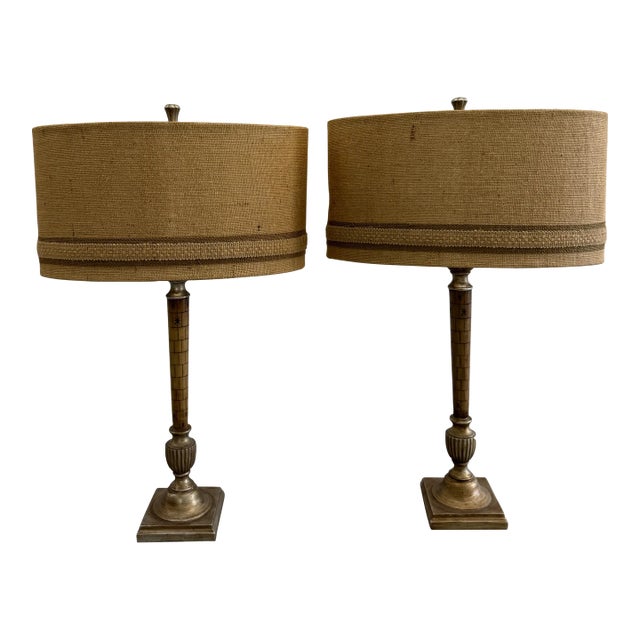 Vintage Mid-Century Carved Wood & Brass Table Lamps - Pair With Original Shades For Sale