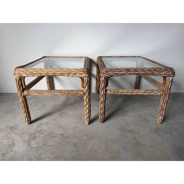 1970s 1970's Vintage Coastal Organic Whitewashed Rattan & Glass Top End Tables – A Pair For Sale - Image 5 of 15