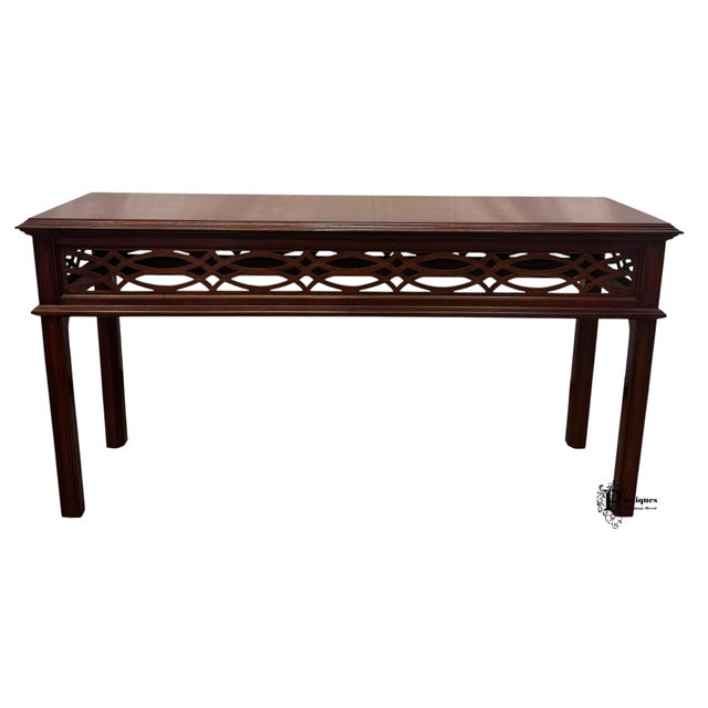 Vintage Henkel Harris Virginia Galleries Collection Chippendale Style Mahogany Console Table & Pair of Upholstered Stools For Sale - Image 9 of 12