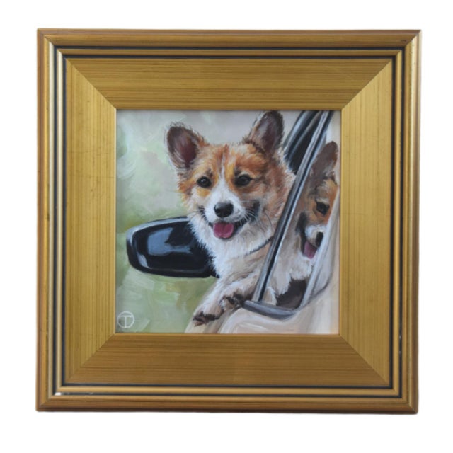 2020s Corgi Dog Puppy Portrait Painting Including the Antiqued Gold Wood Frame For Sale - Image 5 of 5