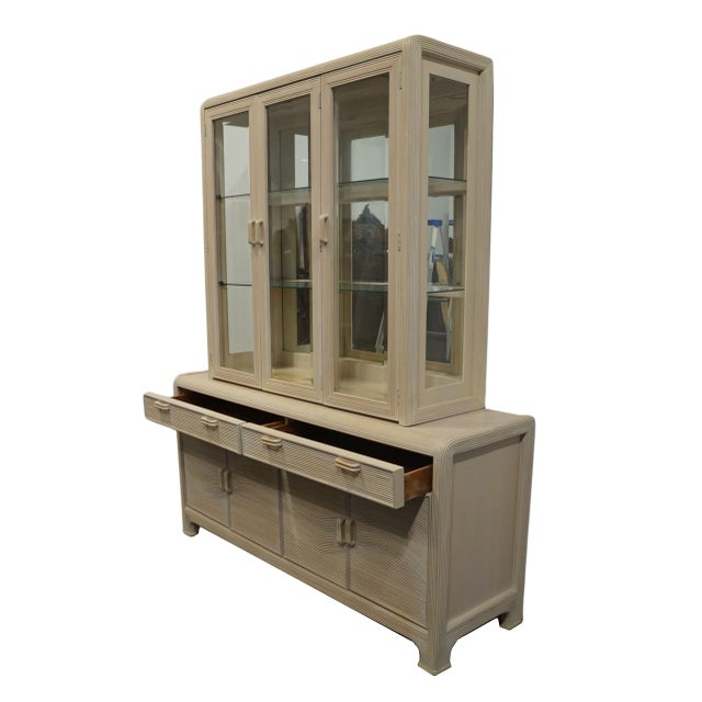 Wood American Drew Bleached Wood Coastal Contemporary Style 64" Buffet W. Lighted Display China Cabinet 55-801 / 55-820 For Sale - Image 7 of 12