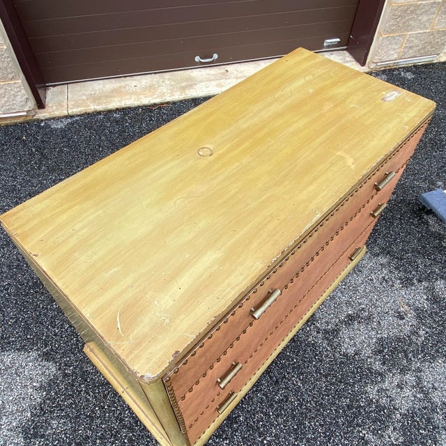 Wood Antique Nailhead Leather Front Three Drawer Dresser For Sale - Image 7 of 13