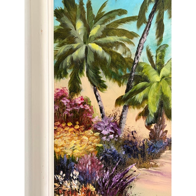 Textile Vintage Signed M. Bryson Tropical Beach Palm Tree Landscape Painting, Framed For Sale - Image 7 of 17