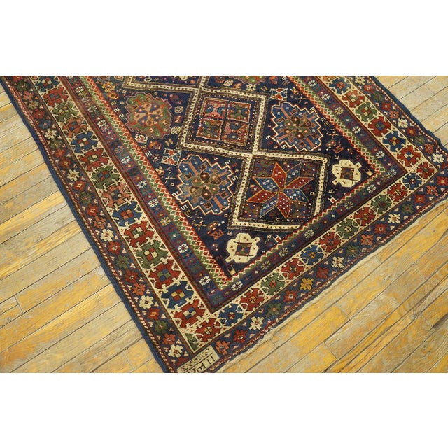 Early 20th Century 1900s Blue Navy Diamond Tribal Antique Caucasian Shirvan Rug 3'6" X 7'4" Handknotted Wool Carpet For Sale - Image 5 of 10