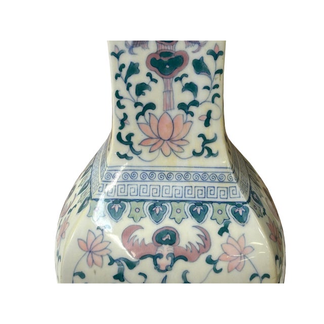 Vintage Oriental Porcelain White Blue Pink Color Flower Bats Graphic Art Vase For Sale - Image 9 of 10