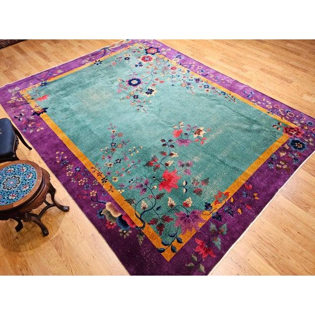 Vintage Art Deco Chinese Rug, Hand-Knotted Wool, Floral Motif, Turquoise & Purple, 9x12 For Sale - Image 9 of 18