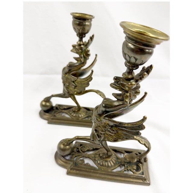Metal Early 19th Century Neo Classical Brass Chimera Candle Sticks For Sale - Image 7 of 12