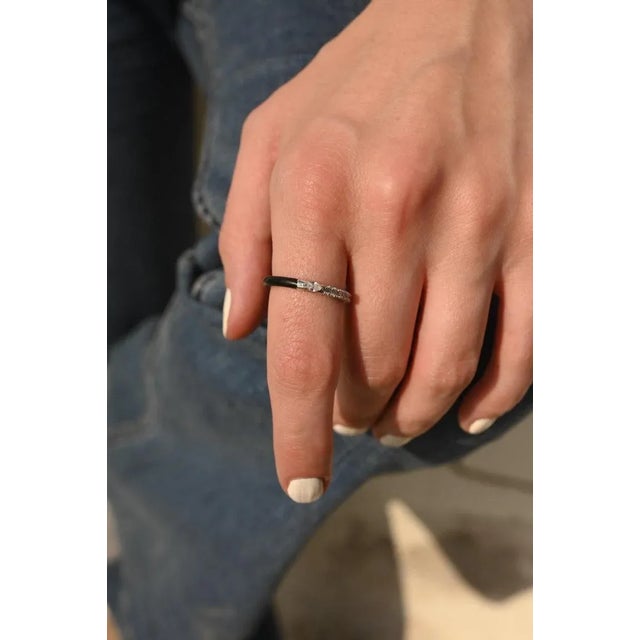 Art Deco Black Enamel Diamond Stackable Band Ring 14k Solid White Gold Size 7 For Sale - Image 3 of 11