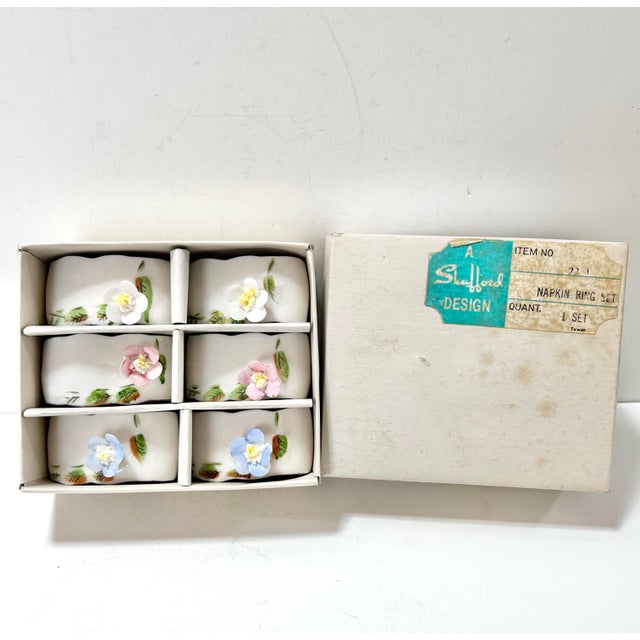 Vintage Shafford Hand-Painted Porcelain Napkin Rings With Applied Flowers – Set of 6 Cottage Tabletop Decor For Sale - Image 10 of 12