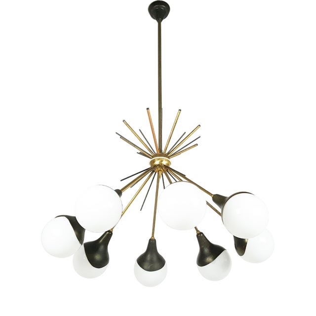 Opaline Glass, Brass & Painted Metal 8-Light Pendant Lamp from Stilnovo, 1950s For Sale