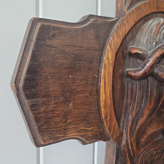 Antique Art Deco Hand Carved Oak Crucifix Face of Jesus Wall Cross 25" Tall For Sale - Image 12 of 18