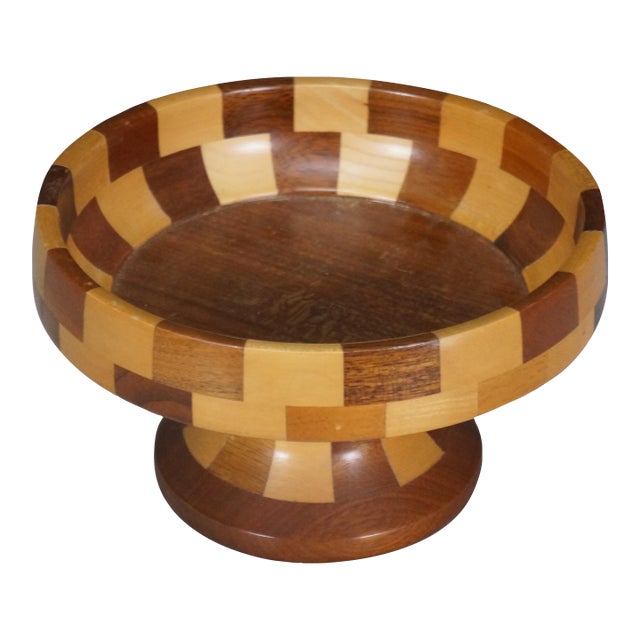 Vintage Segmented Turned Wood Parquetry Fruit Centerpiece Pedestal Bowl 9" For Sale