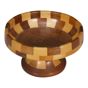 Vintage Segmented Turned Wood Parquetry Fruit Centerpiece Pedestal Bowl 9"