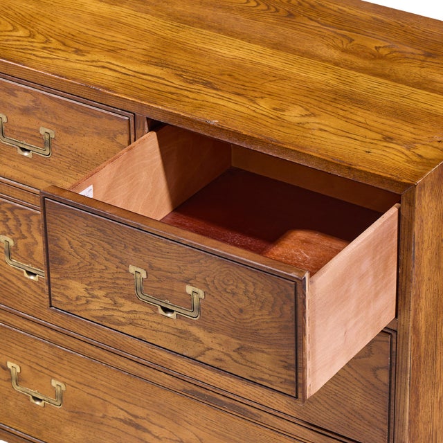 Wood Henredon Campaign Mid Century Oak and Brass Lowboy Dresser For Sale - Image 7 of 11
