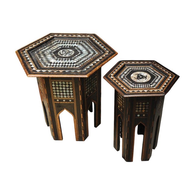 Pair of 19th Century Hand-Crafted Moroccan Hexagonal Pedestal Table with Ebonised Wooden Top, & Repetitive Geometric...