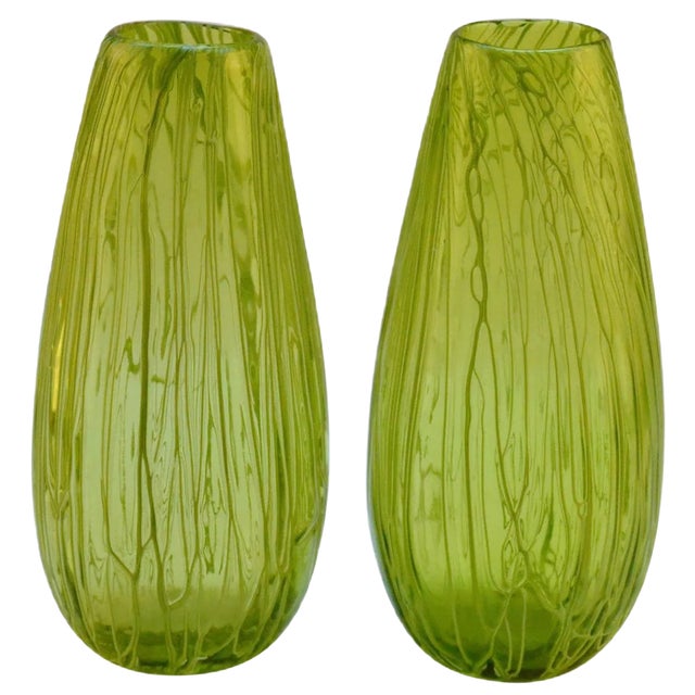 Hand Blown Glass Acid Green Veined Vases, Set of 2 For Sale