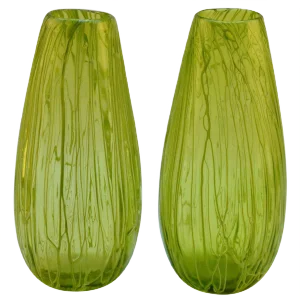 Hand Blown Glass Acid Green Veined Vases, Set of 2
