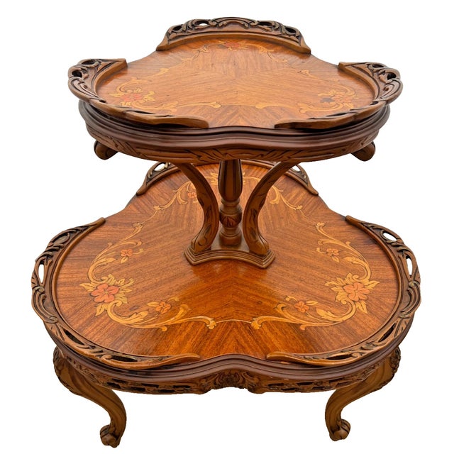 1920s Antique Two-Tier Etagere Jardiniere Parlor Table, French Art Nouveau, Inlays For Sale - Image 5 of 12