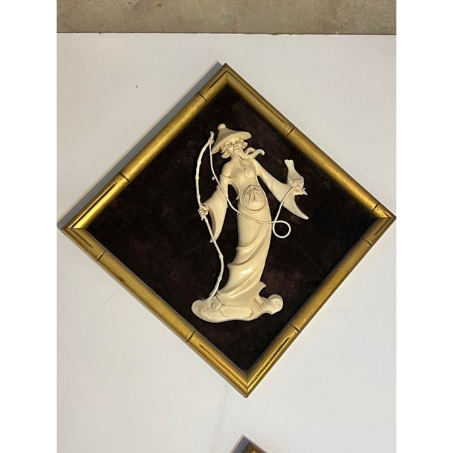 These vintage Asian wall panels feature 3D resin figures mounted on dark brown velvet within diamond-shaped bamboo-style...