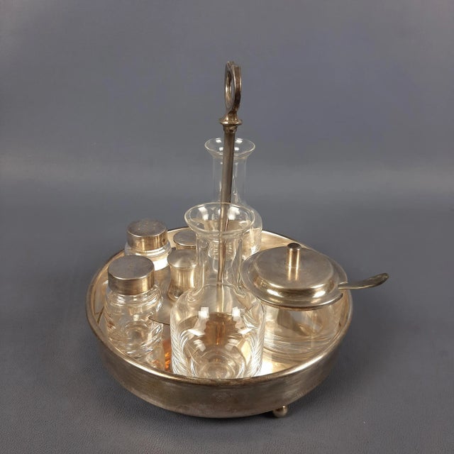 Vintage Crystal and Silver-Plated Metal Oil and Vinegar with Salt and Pepper Set, 1970s, Set of 5 For Sale - Image 4 of 15