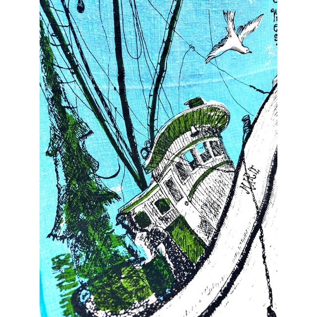 A vintage hand-printed linen souvenir towel featuring the shrimp boat “Marie” from Key West, Florida, rendered in crisp...