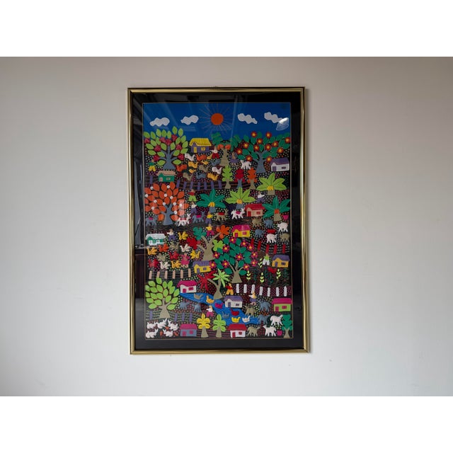 Mexican Large Vintage Mexican Arpillería Folk Art Textile Wall Hanging – Framed Under Plexiglass For Sale - Image 3 of 12