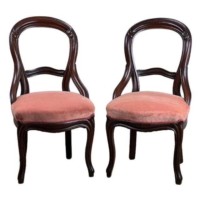 Antique Pair Victorian Walnut Balloon Back Side Chairs For Sale