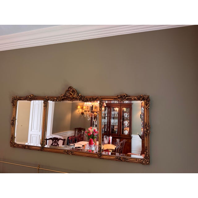 Rococo Vintage 53' Horizontal French Baroque Style Giltwood Triptych Overmantel Mirror For Sale - Image 3 of 3