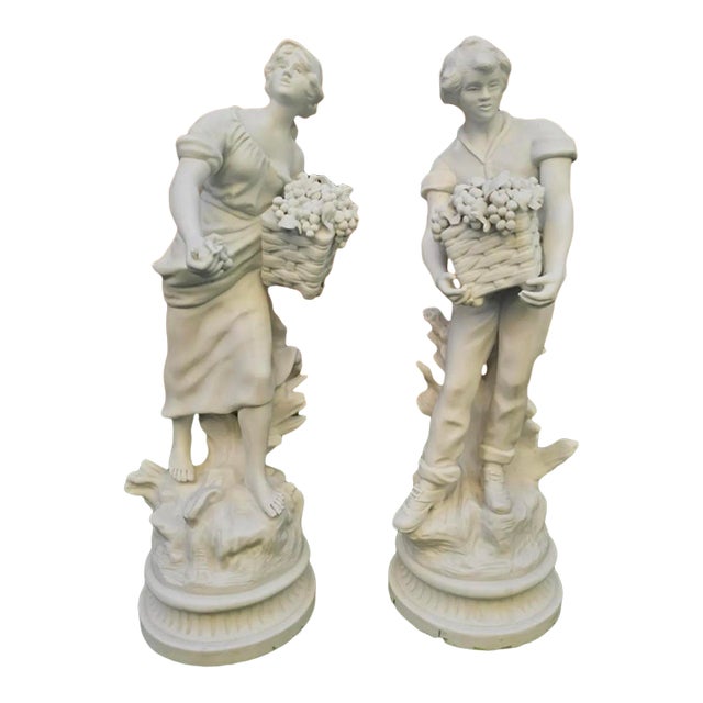 Pair of 19th C French Bisque Porcelain Peasant Figures“Paysan Aux Raisins” and “Paysanne Aux Raisins,” After Hippolyte François Moreau, Samson, Paris For Sale