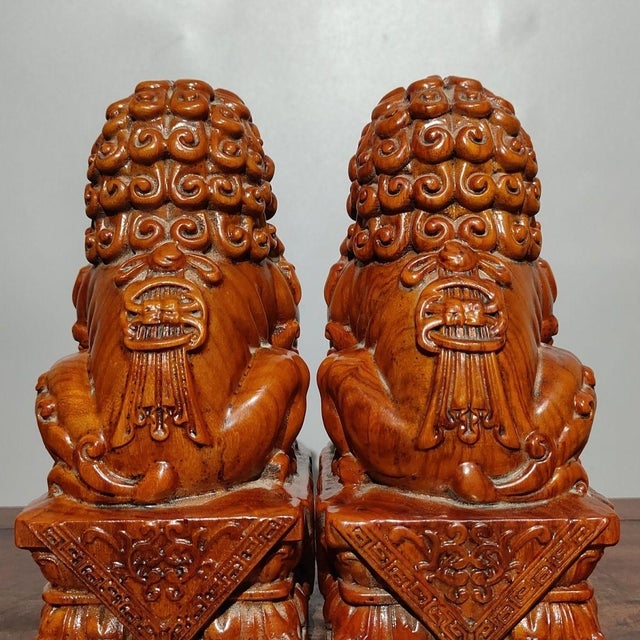Brown Pair of Hand-Carved Boxwood Guardian Lion Statues on Decorative Bases For Sale - Image 8 of 9