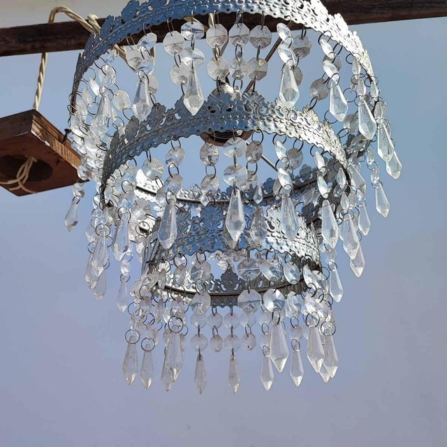 Vintage Metal Chandeliers with Glass Drops, Set of 2 For Sale - Image 15 of 18