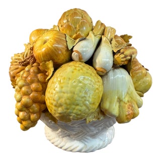 1960s Italian Ceramic Yellow Glaze Fruit White Bowl Majolica Topiary Centerpiece Italian For Sale