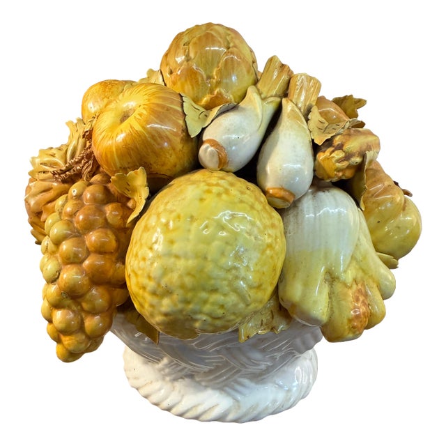1960s Italian Ceramic Yellow Glaze Fruit White Bowl Majolica Topiary Centerpiece Italian For Sale