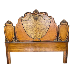 Antique 1930's Handcarved Bedroom Headboard, Full Size, Inlay Burlwood