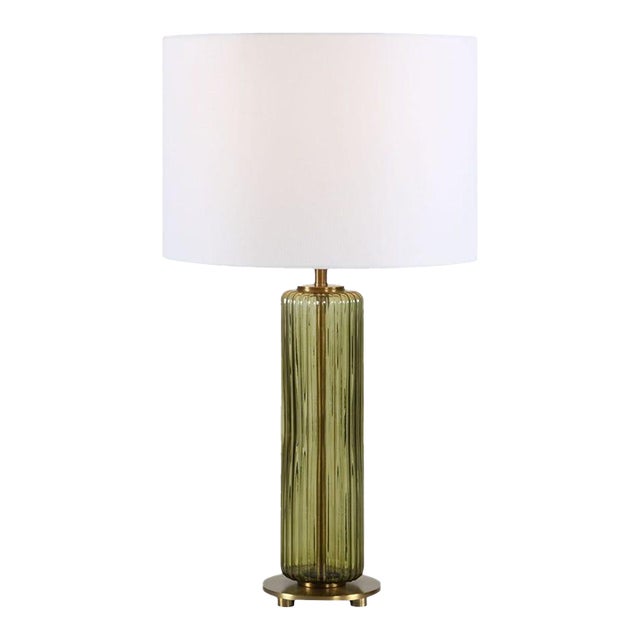 Green Glass/Brass Table Lamp With Shade For Sale