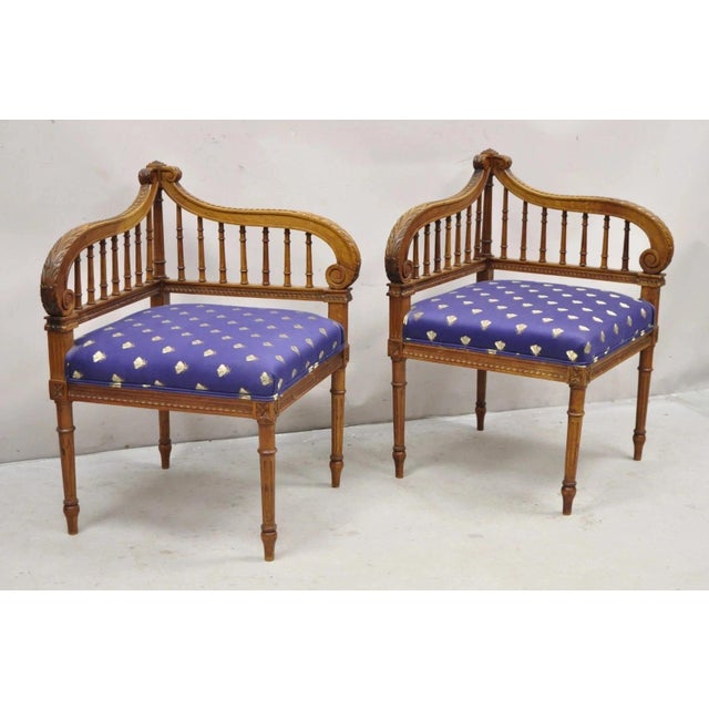 Antique French Louis XVI Style Carved Walnut Lyre Harp Corner Lounge Chairs - a Pair. Item features blue upholstered seats...