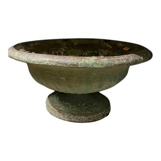 Antique Cast Iron Garden Urn With Aged Patina-Green For Sale