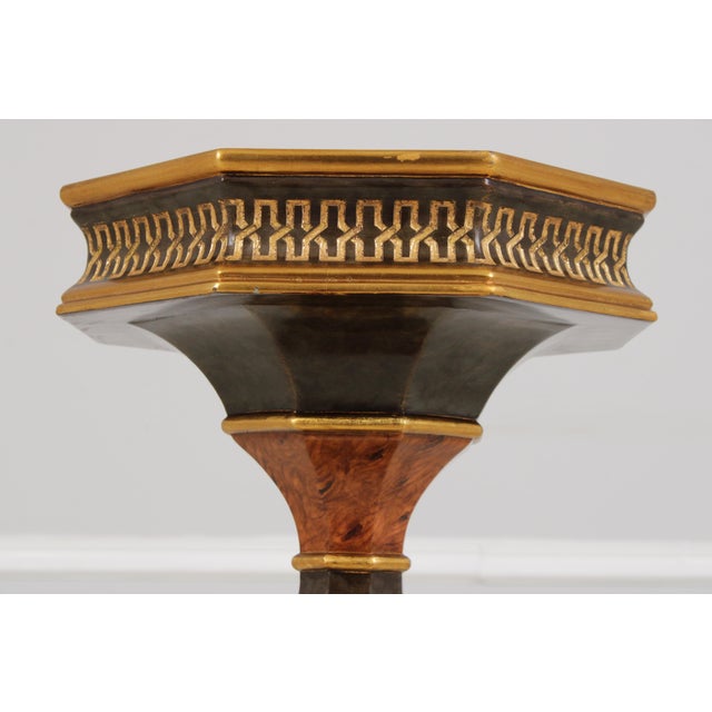 1980s Pair of Burl Wood Regency Empire Black & Gold Pedestal Stands For Sale - Image 5 of 16