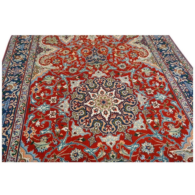 Antique Persian Tabriz 3x4 Red & Navy Handmade Area Rug #1143878 For Sale In Houston - Image 6 of 12