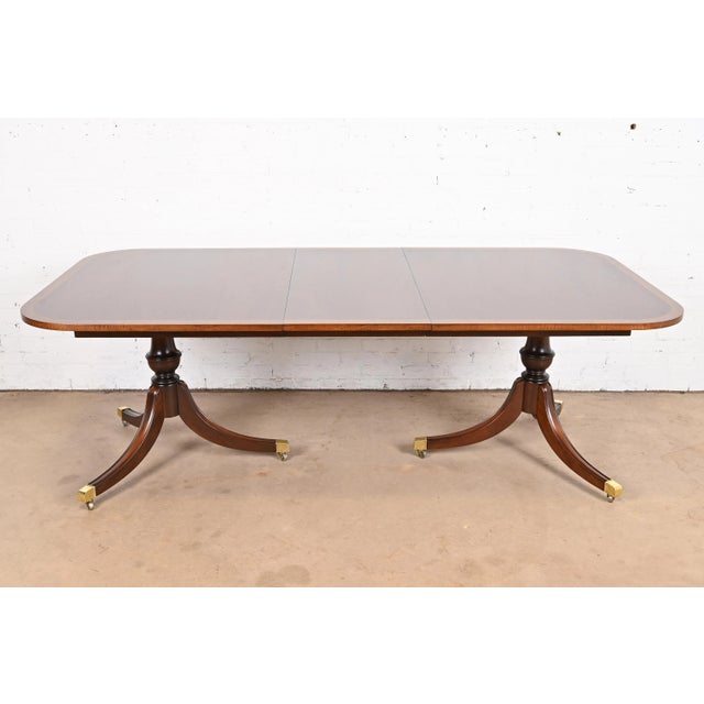 English Baker Furniture Style Georgian Banded Mahogany Double Pedestal Extension Dining Table, Newly Refinished For Sale - Image 3 of 12