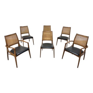 Mid-Century Modern Cane Back Walnut Dining Chairs - Set of 6 For Sale